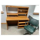 Press board, computer table, green office chair