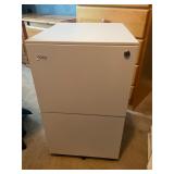White rolling metal two drawer cabinet