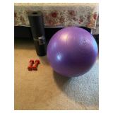 Weights, yoga mat, exercise ball