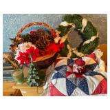 Basket of flowers, ceramic Christmas tree, wreath