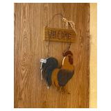 Wooden rooster welcome sign