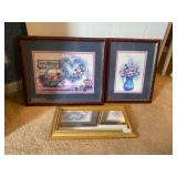 Two flower paintings and mirror