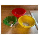 3- colorful glass Pyrex mixing bowls