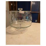 Flower etched glass cake plate