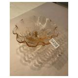 Carnival Pink leaf design footed glass bowl
