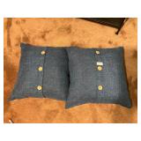 2- blue button pillows 14 x 14