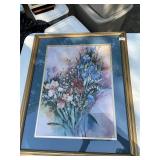 Gold framed, blue outlined flower picture