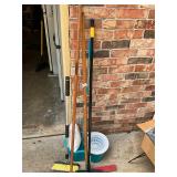 Pushbroom, scrub brush, mop, bucket, squeegee