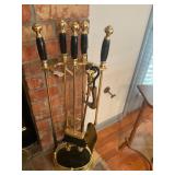 Brass and black fireplace set