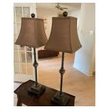 Pair tall brown marble inlay table lamps