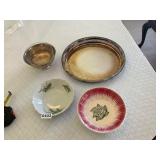 Silver serving platter, bowl, & two flowered bowls