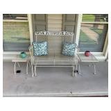 Wrought iron love seat glider , pillows/ 2 tables