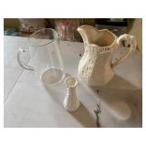 Pyrex pitcher, ceramic pitcher, milk glass vase