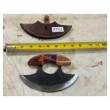 Damascus style knife with leather sheath