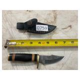 Damascus style knife with leather sheath