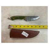 Damascus style knife with leather sheath