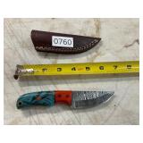 Damascus style knife with leather sheath