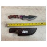 Damascus style knife with leather sheath