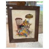 Framed sewn rocker and lead lamp picture