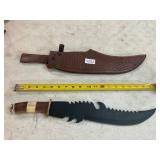 Damascus style knife with leather sheath