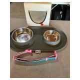 Pet door, collar, food water bowl