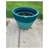 Teal plastic planter and soil