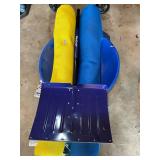 Snow shovel, sled, pool float all