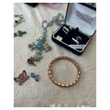 Assorted necklaces, pins & sterling cuff links