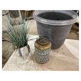 Gray plastic planter, small planter and light
