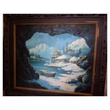 Beautiful Vintage Framed Oil on canvas snowy yurt