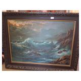 Vintage framed oil on canvas crashing waves