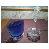 Blue vase and etched clear decanter