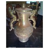 Dragon-Handled Brass Urn with Floral Relief