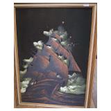 Vintage framed oil on velvet Ship at sea