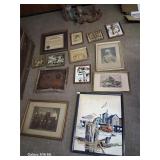 Lot of old timey photos / art / docs / framed