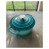 Teal cast enamel pot with lid