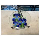 Glass blue iris plate and stand