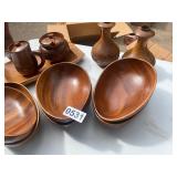 Wood bowls, cream, sugar and vases