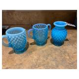 3 blue Fenton hobnail pieces