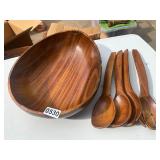 Wood salad bowl and utensils