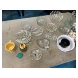 Glass lot- heart, Corning dish, mug, bowls all