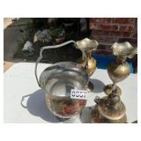 Brass ornate bucket, vases and kettle