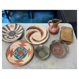 Weaved bowls, native pottery and trinket box