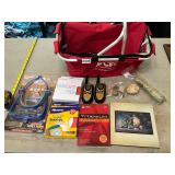 Red bag, cds, light, walkie-talkies. All