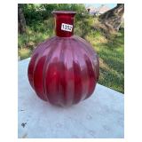 Red glass round ribbed vase