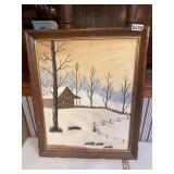 Snowy cabin painting