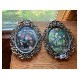 2- vintage metal framed flower, oval pictures
