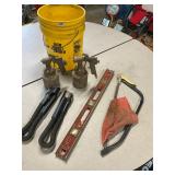 Two paint sprayers, snake lights, Level, and saw