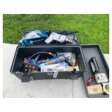 Black toolbox, drill, assorted tools