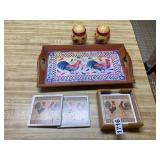 chicken/ rooster platter, salt/pepper coaster set